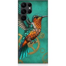 Samsung Galaxy S22 Ultra Uyumlu Turkuaz Zeminde Sinek Kuşu  Desenli Silikon Kılıf