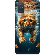 Samsung Galaxy A51 Uyumlu Suda Yüzen Kedi  Desenli Silikon Kılıf