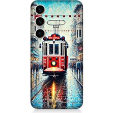 Samsung Galaxy S23 Uyumlu Yağmurlu Sokakta Kırmızı Tramvay  Desenli Silikon Kılıf