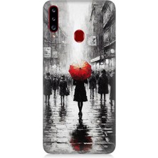 Samsung Galaxy A20S Uyumlu Kırmızı Şemsiyeli Yalnızlık  Desenli Silikon Kılıf