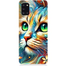 Samsung Galaxy A31 Uyumlu Parlak Gözlü Renkli Kedi  Desenli Silikon Kılıf