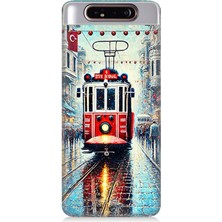 Samsung Galaxy A80 Uyumlu Yağmurlu Sokakta Kırmızı Tramvay  Desenli Silikon Kılıf
