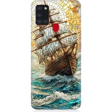 Samsung Galaxy A21S Uyumlu Fırtınada Yelkenli Mücadele Vitray  Desenli Silikon Kılıf