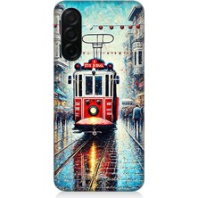 Samsung Galaxy A26 Uyumlu Yağmurlu Sokakta Kırmızı Tramvay  Desenli Silikon Kılıf