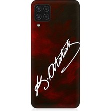 Samsung Galaxy A22 Uyumlu Atatürk Imzası Kırmızı Fon  Desenli Silikon Kılıf