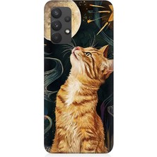 Samsung Galaxy A32 Uyumlu Aya Bakan Meraklı Kedi  Desenli Silikon Kılıf