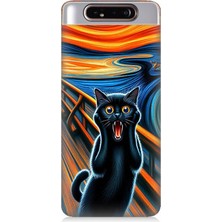 Samsung Galaxy A80 Uyumlu Çığlık Atan Siyah Kedi  Desenli Silikon Kılıf