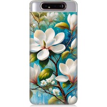Samsung Galaxy A80 Uyumlu Işıltılı Beyaz Çiçekler  Desenli Silikon Kılıf