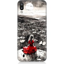 Samsung Galaxy M10 Uyumlu Siyah Beyazda Kırmızı Elbise  Desenli Silikon Kılıf