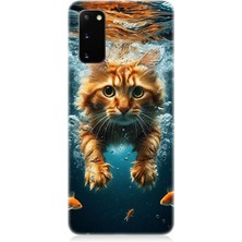 Samsung Galaxy S20 Plus Uyumlu Suda Yüzen Kedi  Desenli Silikon Kılıf