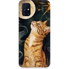 Samsung Galaxy M31S Uyumlu Aya Bakan Meraklı Kedi  Desenli Silikon Kılıf