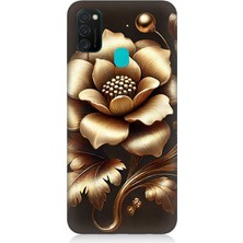 Samsung Galaxy M21 Uyumlu Altın Işıklı Zarif Çiçek  Desenli Silikon Kılıf