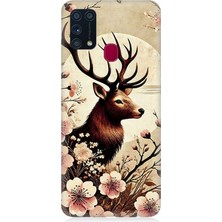 Samsung Galaxy M31 Uyumlu Çiçekler Içinde Asil Geyik  Desenli Silikon Kılıf