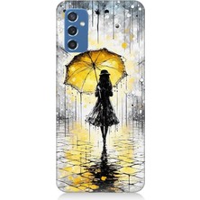 Samsung Galaxy M52 Uyumlu Yağmurda Sarı Şemsiye Altında  Desenli Silikon Kılıf