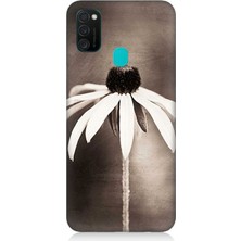 Samsung Galaxy M21 Uyumlu Siyah Beyaz Çiçek Sadeliği  Desenli Silikon Kılıf