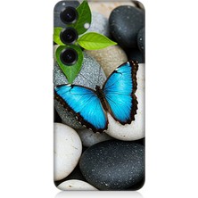 Samsung Galaxy S25 Plus Uyumlu Mavilikte Taş Üzerinde Kelebek  Desenli Silikon Kılıf