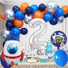 2 Yaş Uzay Temalı Doğum Günü Seti Uzay Mekiği Happy Birthday Yazı Renkli Balonlar Gümüş Folyo Rakam