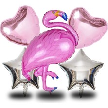 5 Li Flamingo Temalı Gümüş Folyo Yıldızlı Set Doğum Günü Süsü Parti Süsü