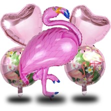 5 Li Flamingo Temalı Pembe Folyo Kalpli Set Doğum Günü Süsü Parti Süsü