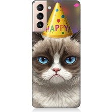 Samsung Galaxy S21 Uyumlu Doğum Günlü Somurtkan Kedi  Desenli Silikon Kılıf