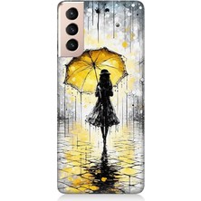 Samsung Galaxy S21 Uyumlu Yağmurda Sarı Şemsiye Altında  Desenli Silikon Kılıf