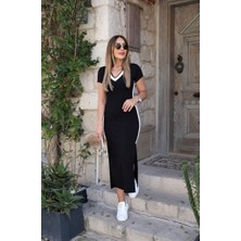 Kadın Kısa Kollu V Yakalı Yandan Şerit ve Yırtmaçlı Viskon Uzun Elbise