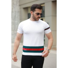 Erkek Bisiklet Yaka Bel ve Kol Şerit Desenli Kısa Kollu Tişört