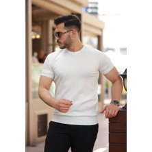 Erkek Ince Çizgi Dokulu Bisiklet Yaka Kısa Kollu T-Shirt