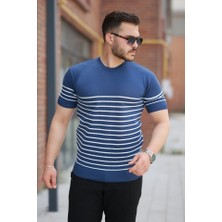 Erkek Çizgi Desenli Bisiklet Yaka Kısa Kollu T-Sihrt