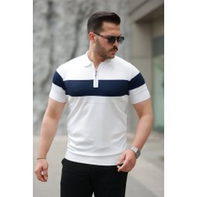 Erkek Fermuar Yakalı Şerit Renk Desenli Kısa Kollu Tişört