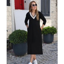 Kadın Uzun Kollu V Şerit Yakalı Viskon Iki Iplik Elbise