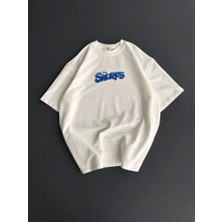 Ön ve Arka Baskılı Oversize Bisiklet Yaka T-Shirt- Beyaz