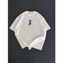 Baskılı Oversize Bisiklet Yaka T-Shirt - Beyaz