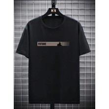 Baskılı Oversize Bisiklet Yaka T-Shirt - Siyah