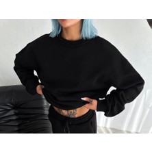 Kışlık Bisiklet Yaka Üç Iplik Basic Sweatshirt - Siyah