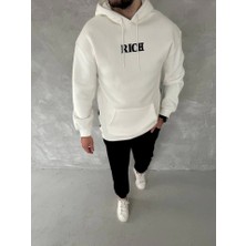 Uzun Kol Kapşonlu Göğüs Baskılı Sweatshirt - Beyaz