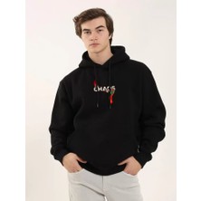 Unisex Baskılı Oversize Üç Iplik Kapüşonlu Sweatshirt - Siyah