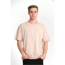 Unisex Düz Biskilet Yaka Oversize T-Shirt - Bej