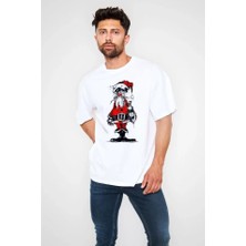 Unisex Bisiklet Yaka Baskılı Oversize T-Shirt - Beyaz