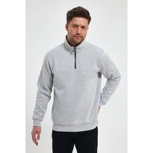 Oversize Yarım Farmuarlı Yakalı Basic Sweatshirt - Gri