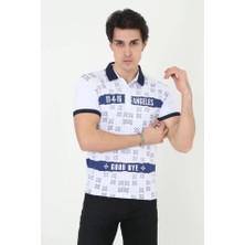 Erkek Yakalı Slim Fit Baskılı T-Shirt - Beyaz