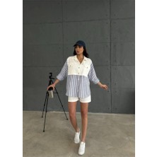 Gabardin Şort - Gabardin - Çizgili Keten Garnili Ceket Takım - Lacivert