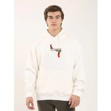 Unisex Baskılı Oversize Üç Iplik Kapüşonlu Sweatshirt - Beyaz