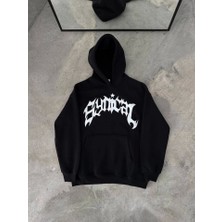 Kışlık Kapşonlu Baskılı Oversize Sweatshirt- Siyah