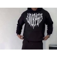 Uzun Kol Kapşonlu Baskılı Sweatshirt - Siyah