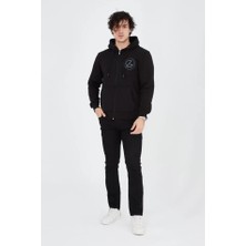 Erkek Kapüşonlu Baskılı Fermuarlı Hırka - Siyah