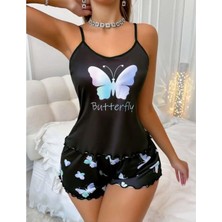 Aria's Closet Siyah Üstüne Kelebek Desenli Askılı Şortlu Pijama Takımı