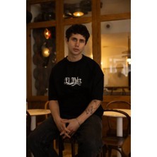 Unisex Bisiklet Yaka Baskılı Oversize T-Shirt - Siyah