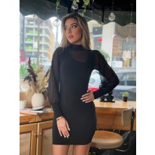 Kadın Balıkçı Yaka Transparan Detay Fırsat Ürün Sandy Kumaş Mini Elbise