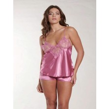 Aria's Closet Pembe Dantel Detaylı Ince Askılı Saten Şortlu Takım